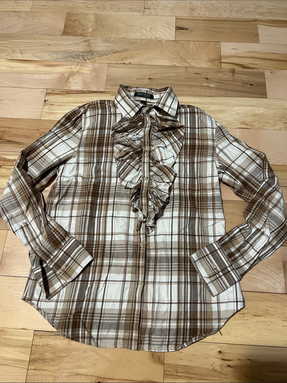 Lauren Ralph Lauren Brown and White Plaid Ruffle Front Button-Down Shirt